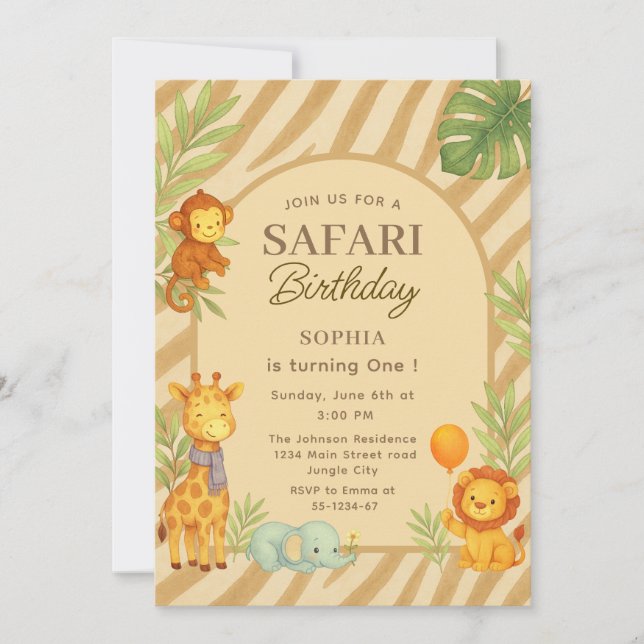Invitación Safari Jungle Animals First Birthday  (Anverso)