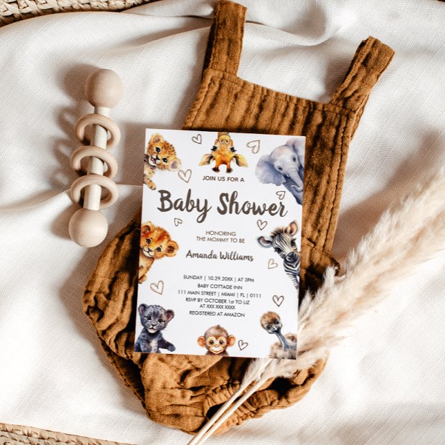 Invitación Safari Jungle Animals & Hearts Baby Shower moderno (Subido por el creador)