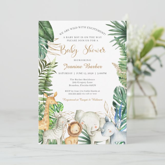 Invitación Safari Jungle Animals Wild Encantador Baby Shower (Anverso de pie)