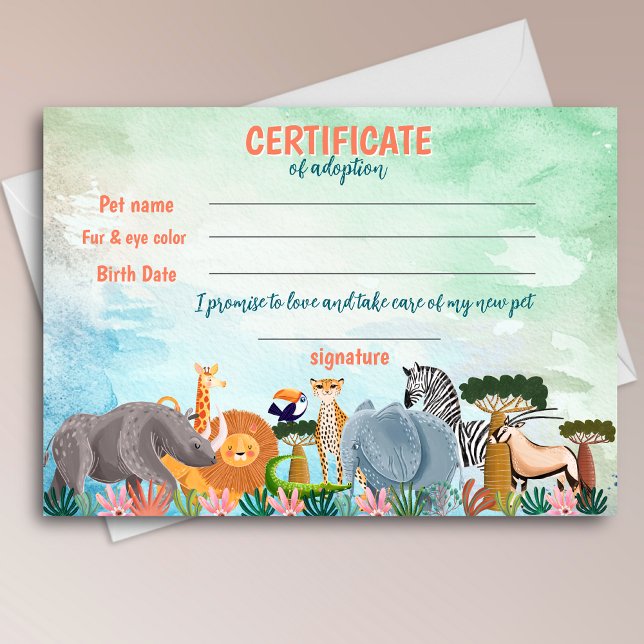 Invitación Safari jungle birthday animal adoption certificate (Subido por el creador)