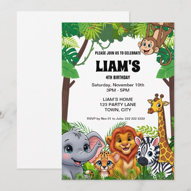 Invitación Safari Jungle Birthday Invitation 5x7 (Anverso / Reverso)