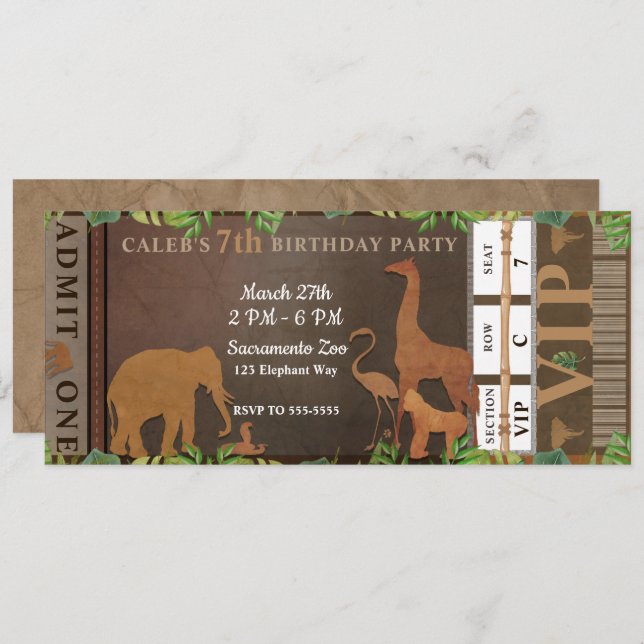 Invitación Safari Jungle Brown Animales de cumpleaños (Anverso / Reverso)