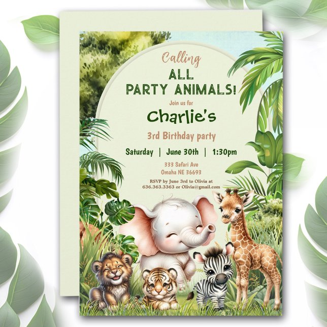 Invitación Safari Jungle Cute Animals Nacimiento de niño salv (Safari Jungle Cute Animals Wild Boy Birthday Invitation)