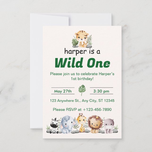 Invitación Safari Jungle First Birthday (Anverso)
