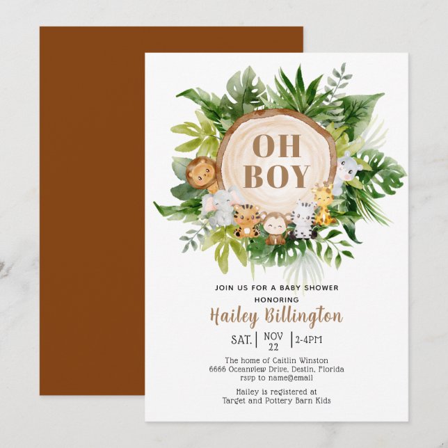 Invitación Safari Jungle Oh Boy Watercolor Baby Shower (Anverso / Reverso)