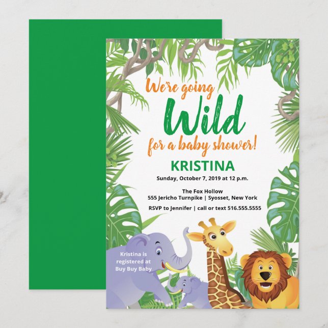 Invitación Safari Jungle Wild Animals Greenery Baby Shower (Anverso / Reverso)
