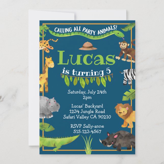 Invitación Safari Jungle Wild One Animal Birthday Party (Anverso)
