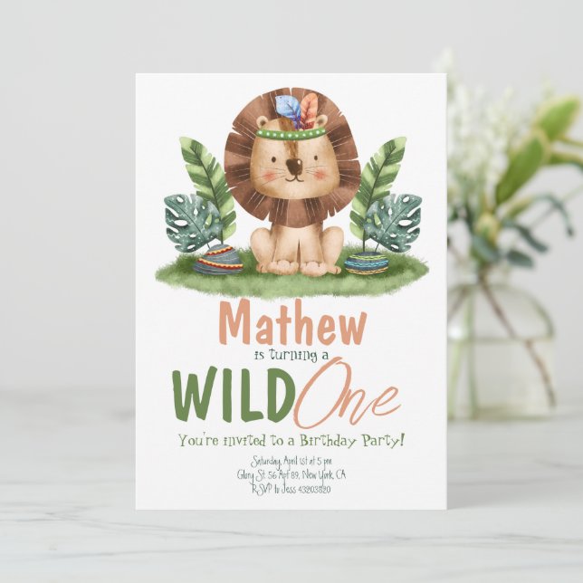 Invitación Safari Lion Tropical Wild One Boy Cumpleaños (Anverso de pie)