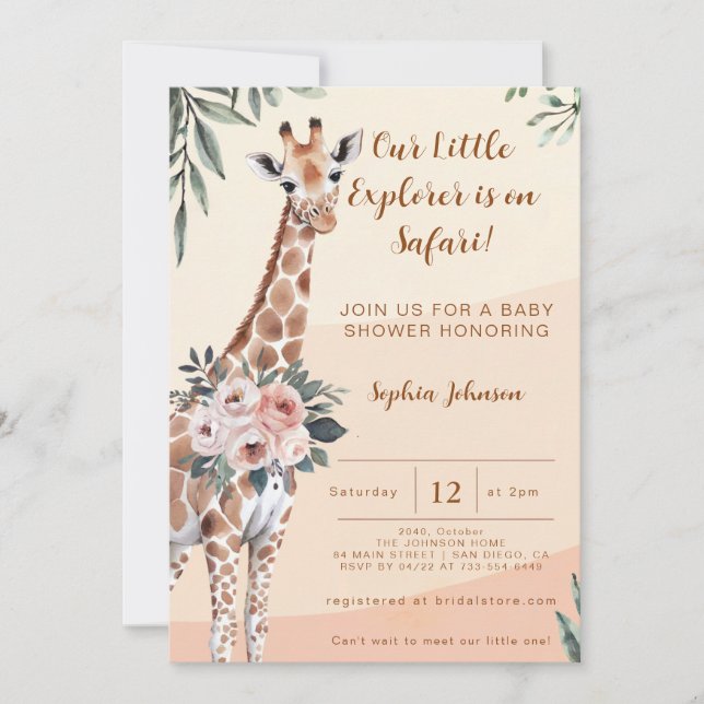 Invitación Safari Little Explorer Girafa Baby Shower (Anverso)