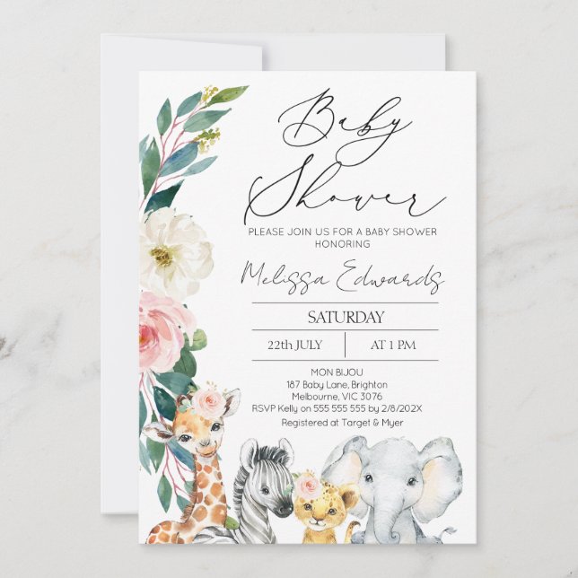 Invitación Safari moderno Rubor Boho Floral Baby Shower (Anverso)