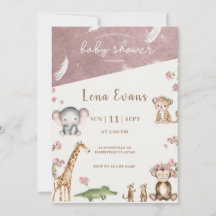 Invitación Safari para Baby Shower Acuarela Rosa J