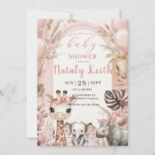 Invitación Safari para Baby Shower Niña Rosa Selva