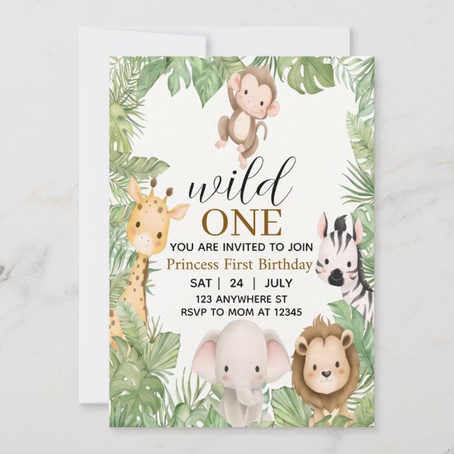 Invitación Safari Primer Cumpleaños, Cumpleaños Salvaje. (Anverso)