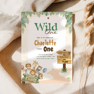 Invitación Safari Salvaje   Cumpleaños 1 de los Niños Animale