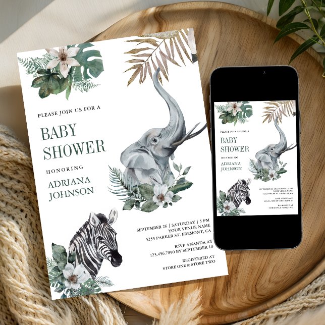 Invitación Safari Salvaje Rústico Baby Shower de Cebra y Elef (Subido por el creador)