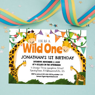 Invitación Safari Salvaje una jirafa Simple Primer Cumpleaños