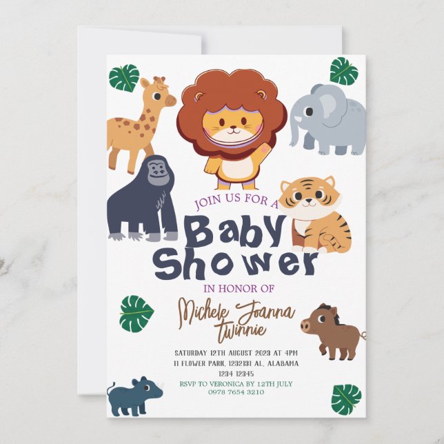 Invitación Safari Simple Cute animales de bosque Baby Shower (Anverso)