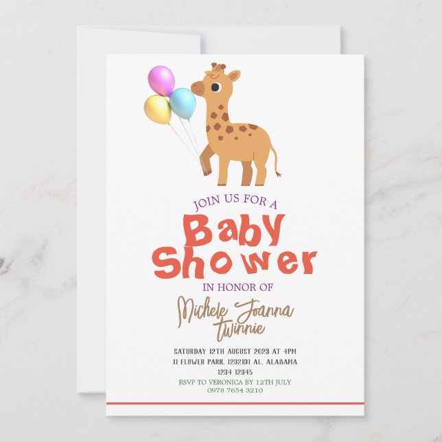Invitación Safari Simple Cute Animals Giraffe Baby Shower (Anverso)