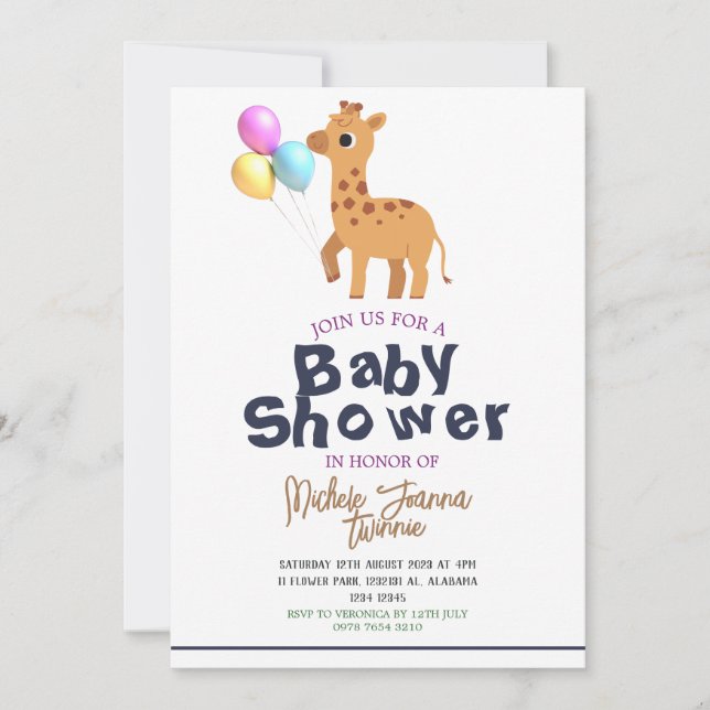 Invitación Safari Simple Cute Animals Giraffe Baby Shower (Anverso)