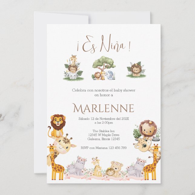 Invitación Safari Spanish Baby Shower Girl invitation (Anverso)