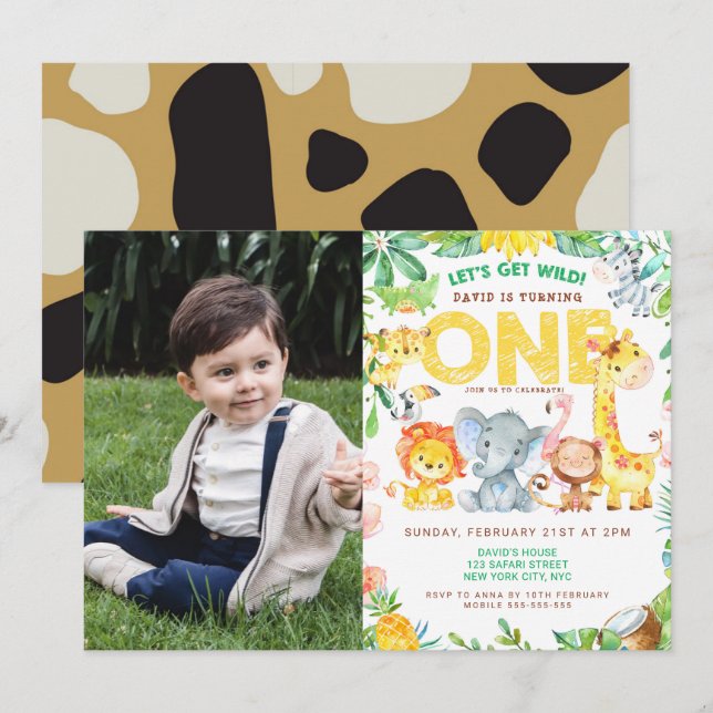 Invitación Safari temática de la jungla foto del primer cumpl (Anverso / Reverso)