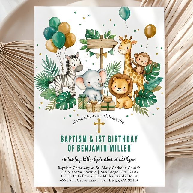 Invitación Safari Tropical Chic Selva Bautizo Cumpleaños 1 (Chic Tropical Safari Jungle Baptism 1st Birthday Invitation)