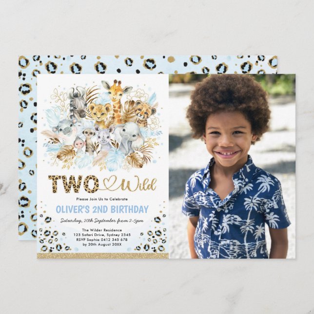 Invitación Safari tropical de oro azul dos cumpleaños de foto (Anverso / Reverso)