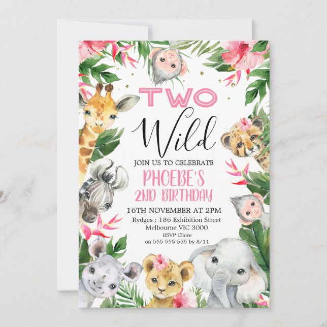 Invitación Safari Tropical Floral Animales Dos Cumpleaños Sal (Anverso)