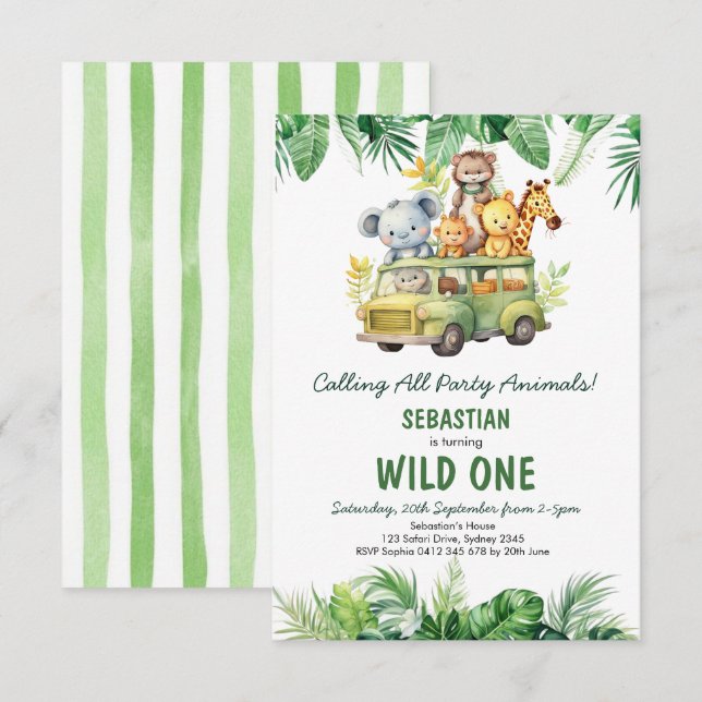 Invitación Safari Tropical Salvaje Una Selva Animales Cumplea (Anverso / Reverso)