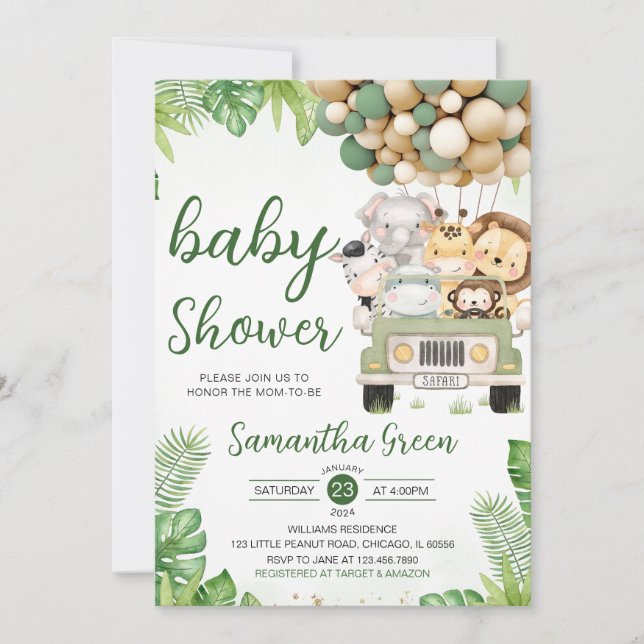 Invitación Safari Truck Balloon Baby Shower (Anverso)