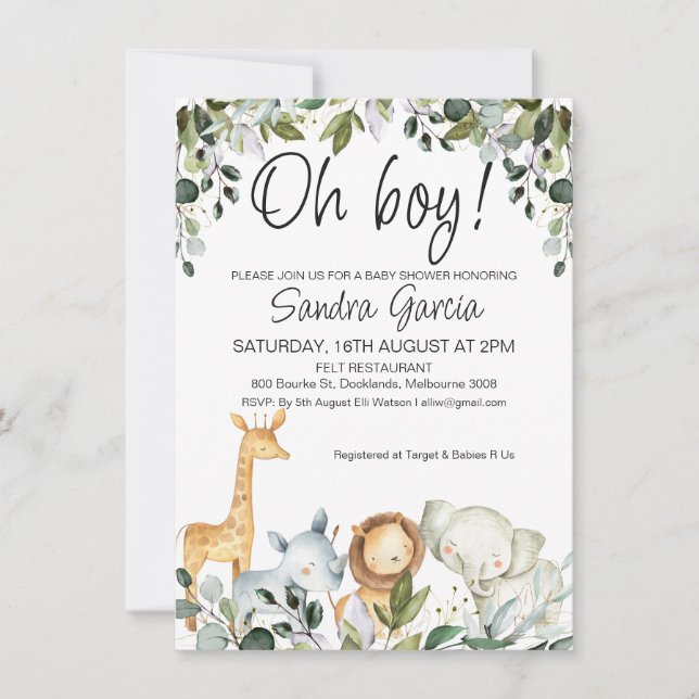 Invitación Safari verde animales con Baby Shower de león (Anverso)