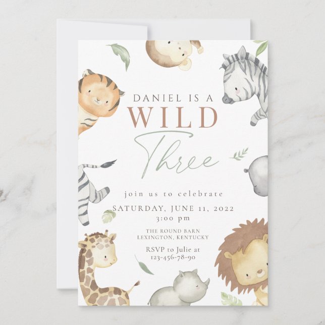 Invitación Safari Wilari fiesta de cumpleaños tres (Anverso)