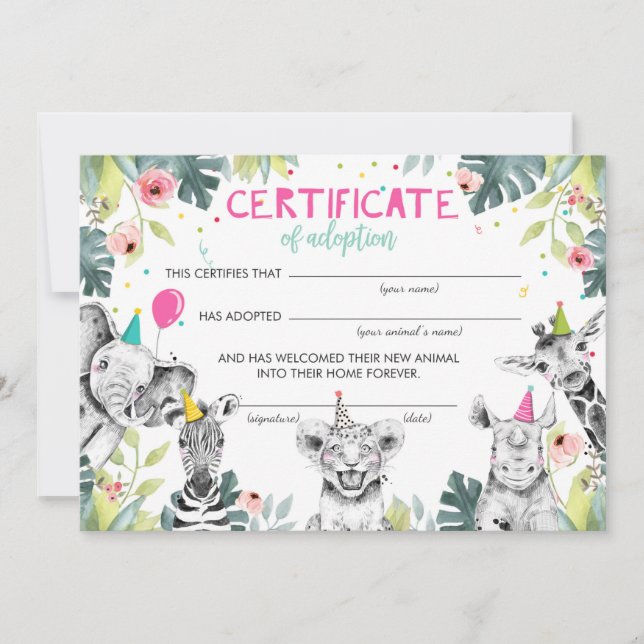 Invitación Safari Wild Animals Certificado de Adopción Cumple (Anverso)