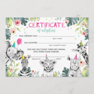 Invitación Safari Wild Animals Certificado de Adopción Cumple