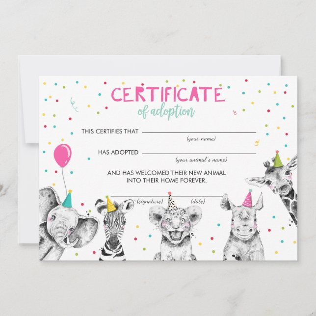 Invitación Safari Wild Animals Certificado de Adopción Cumple (Anverso)