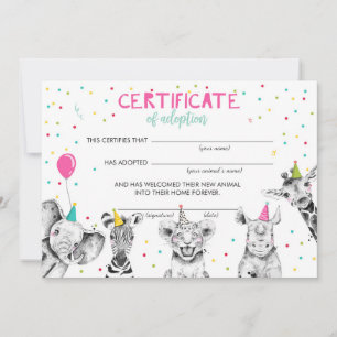 Invitación Safari Wild Animals Certificado de Adopción Cumple