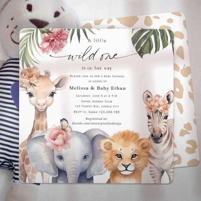 Invitación Safari Wild está en camino de la ducha de bebé (Wild One Safari Baby Animals, Baby Girl Shower. A wild One is on Her way, A Cute Baby Shower invite.)