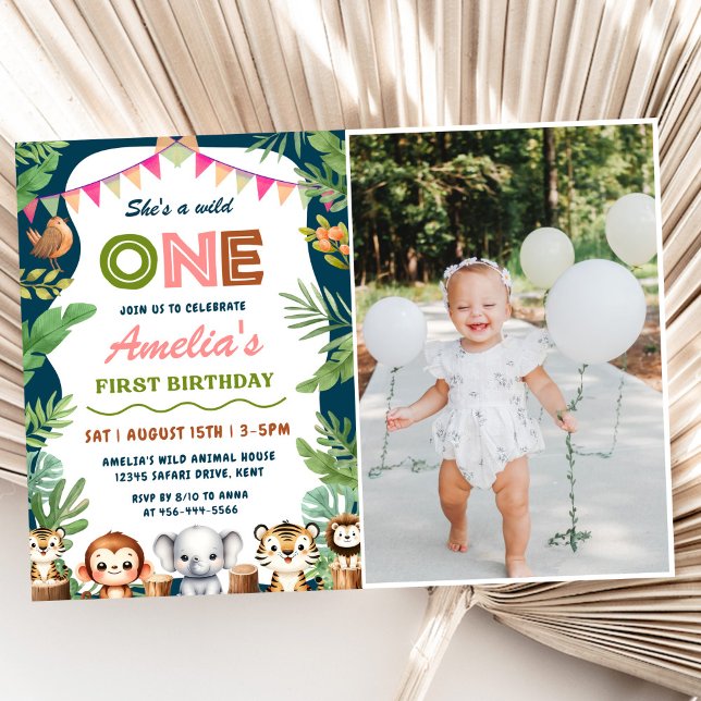 Invitación Safari Wild One 1er Chica Foto de cumpleaños (Subido por el creador)