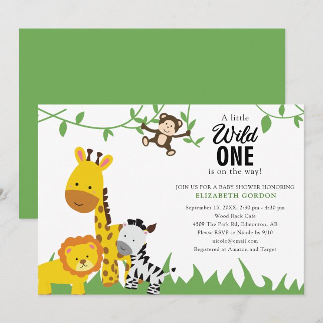 Invitación Safari Wild One Baby Shower Jungle Animals Cute (Anverso / Reverso)