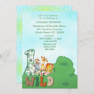 Invitación Safari Wild One Blue Green Birday Party