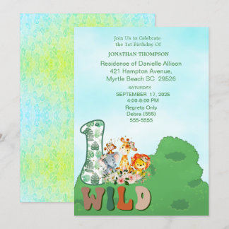 Invitación Safari Wild One Blue Green Birday Party