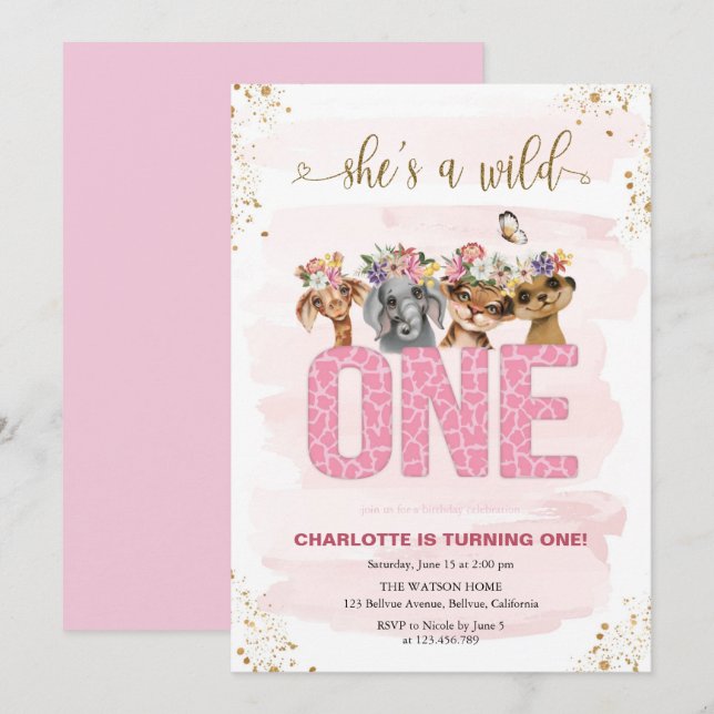 Invitación Safari Wild One First Birthday (Anverso / Reverso)