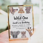 Invitación Safari Wild One First Birthday Boy<br><div class="desc">Cena de animales salvajes,  bebé,  primera invitación de cumpleaños. Dibujo original de Komila Y.</div>