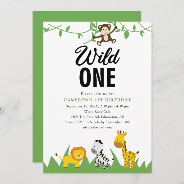 Invitación Safari Wild One First Birthday Cute Kawaii (Anverso / Reverso)