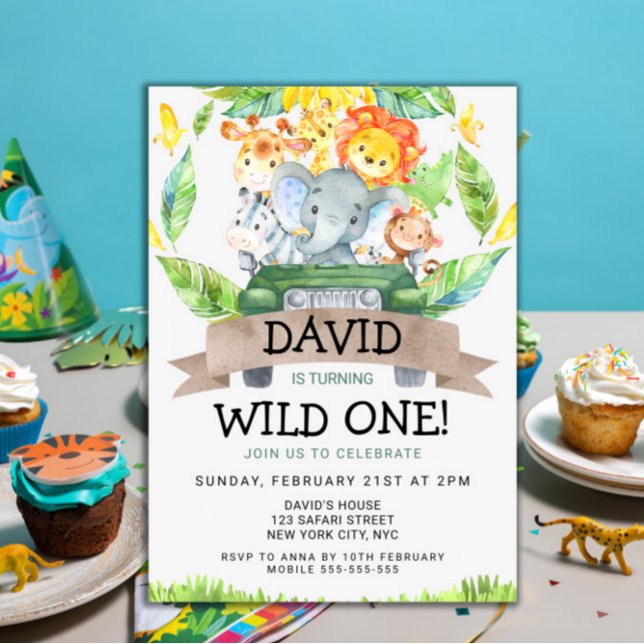 Invitación Safari Wild One First Birthday Fiesta (Wild One Birthday Party 1st Birthday Safari Animals Jungle themed party for boys template cute)