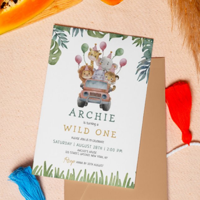 Invitación Safari Wild One First Birthday Jungle Animales (1st Birthday Safari Zoo Animals Jungle invitation template party animals watercolor cute kids)