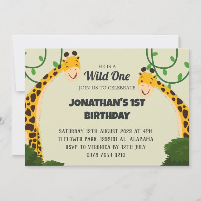 Invitación Safari Wild One Giraffe Simple Primer Nacimiento B (Anverso)