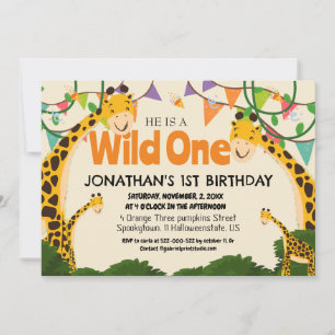 Invitación Safari Wild One Giraffe Simple Primer Nacimiento B