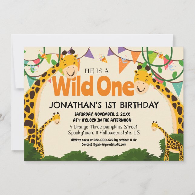 Invitación Safari Wild One Giraffe Simple Primer Nacimiento B (Anverso)