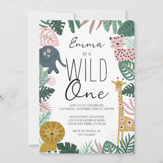 Invitación Safari Wild One Invitation, Jungle First Birday (Anverso)